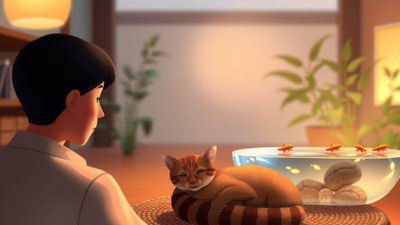 Un ser humano observa a un gato en calma
