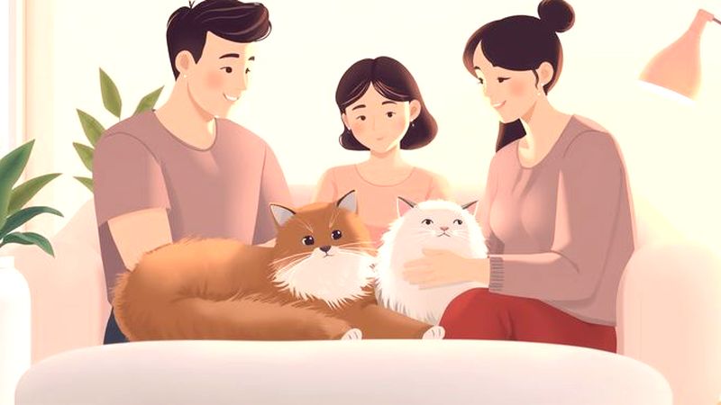 Familia feliz y gato en calma