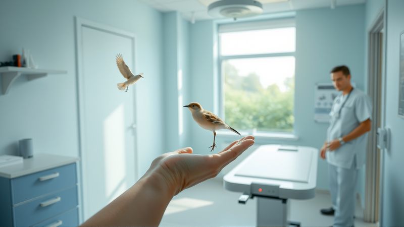 Veterinario cuida delicadamente un pájaro