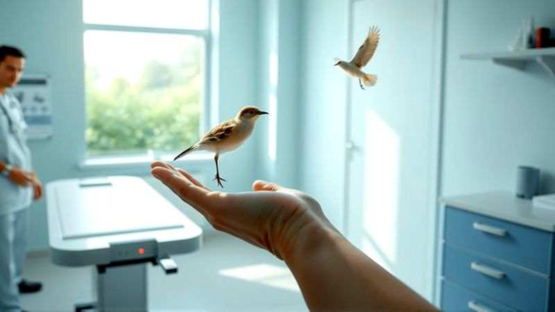 Veterinario cuida delicadamente un pájaro