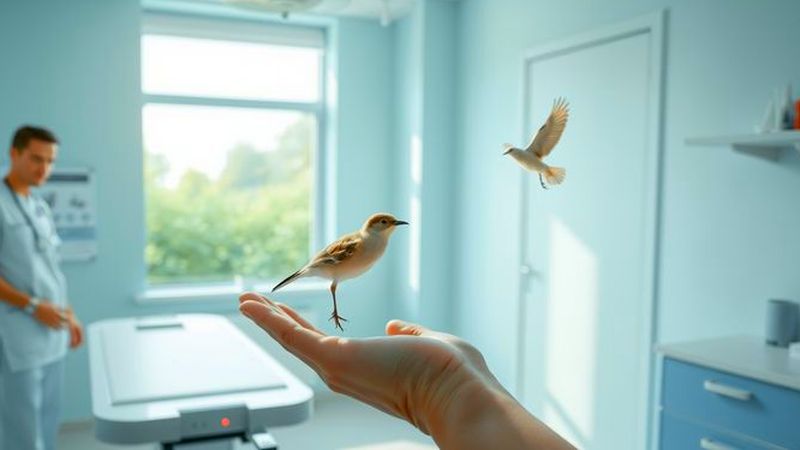 Veterinario cuida delicadamente un pájaro