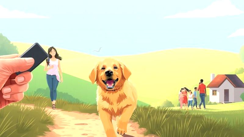 Un cachorro dorado explora alegremente con humanos