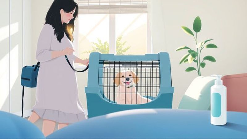 Una mujer cuida un perro tranquilo
