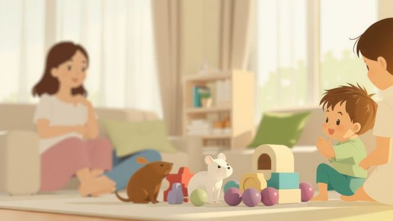 Una familia tranquila observa un hámster feliz