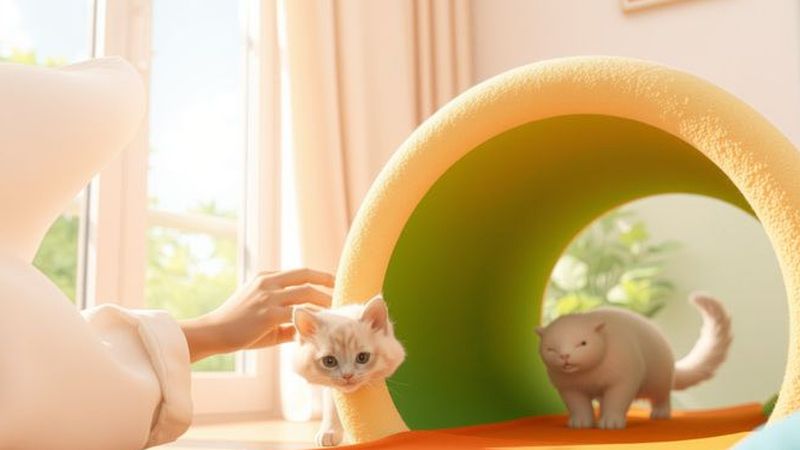Un gato explorando un túnel feliz