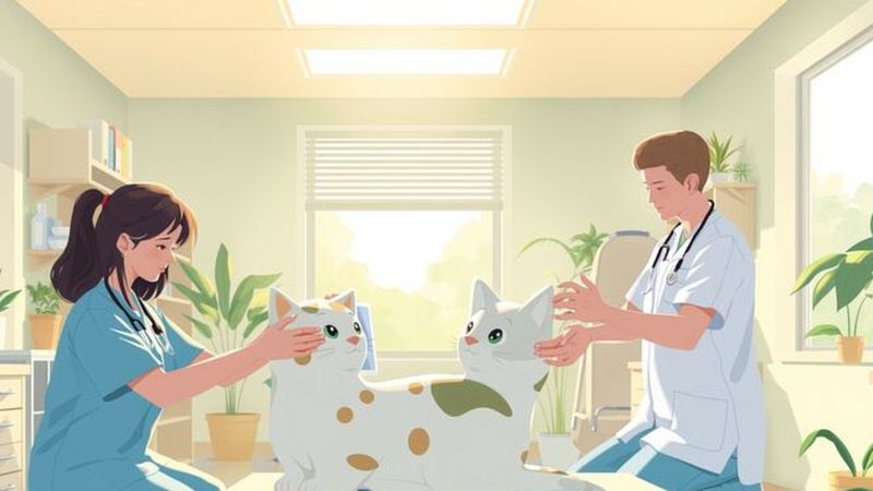 Un veterinario calmo examina un felino estilizado