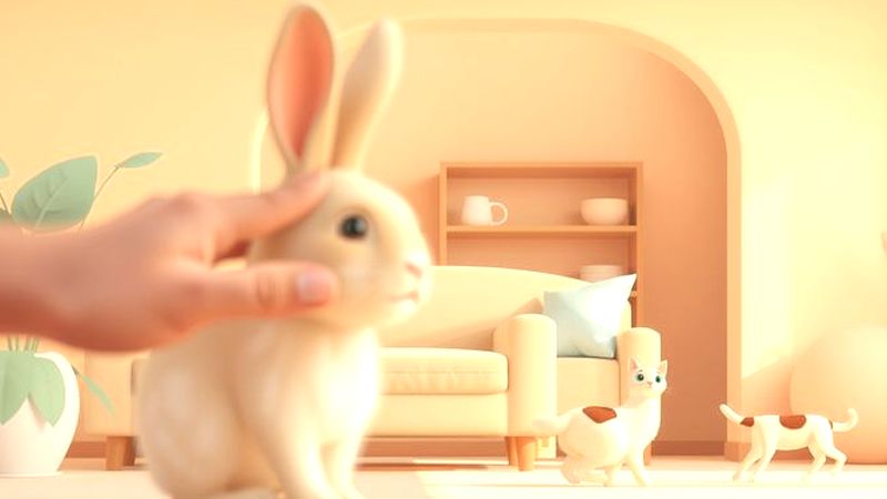 Una mano cuida un conejo en calma